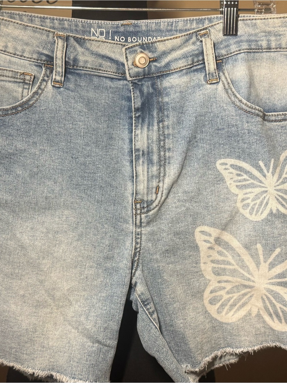 No Boundaries Light Blue Denim Shorts with White Butterfly Detail